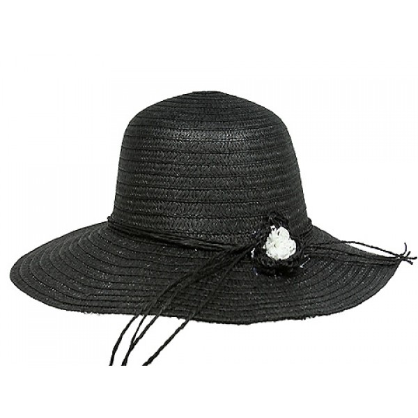 Wide Brim Straw Hat w/ Flower - Black - HT-H2271BK